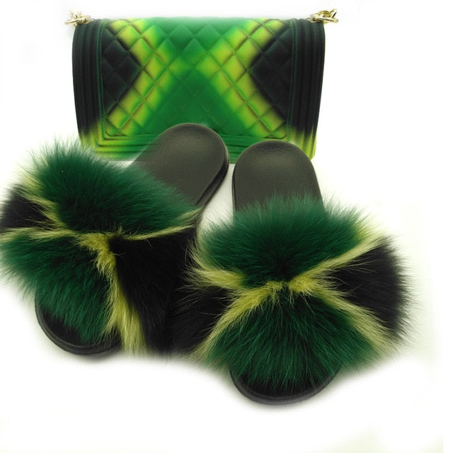 Women's Fashionista Fur Slides with Matching Bag - UnequelyUs