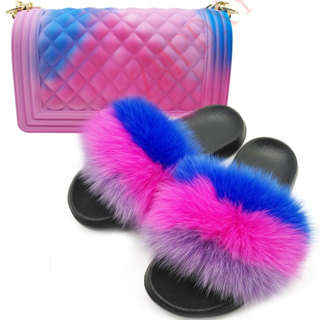 Women's Fashionista Fur Slides with Matching Bag