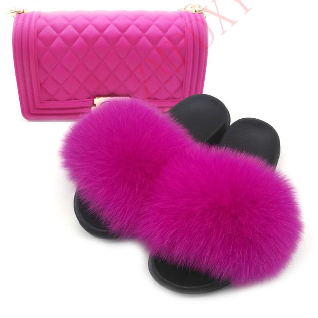 Women's Fashionista Fur Slides with Matching Bag